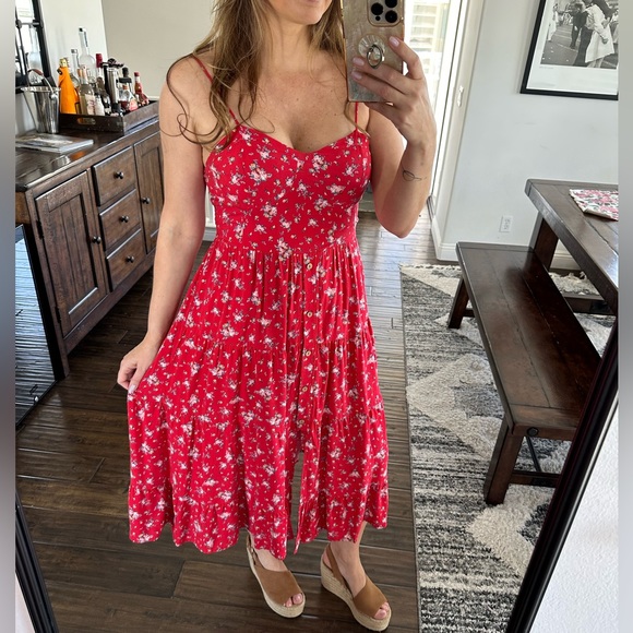 Band of Gypsies Sundress Red Floral Flowy Midi Dress Size Medium - Picture 1 of 9